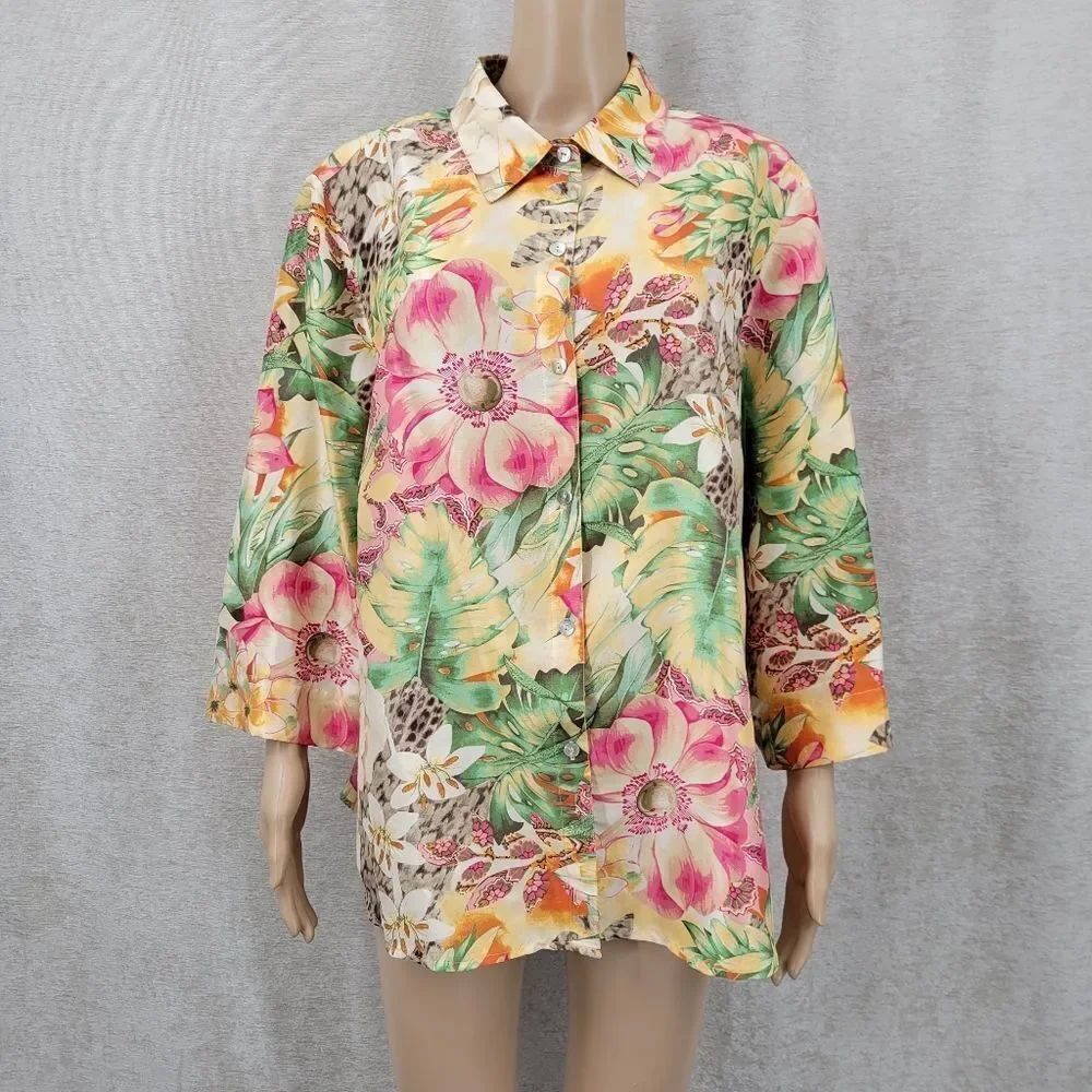 Clothes Silk Tropical Floral Leopard Print Women's Top Button Down Blouse